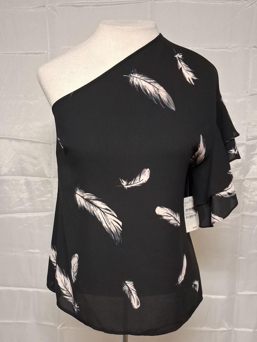 Trouvé One-Shoulder Black Blouse Ivory Feather Print XS NWT